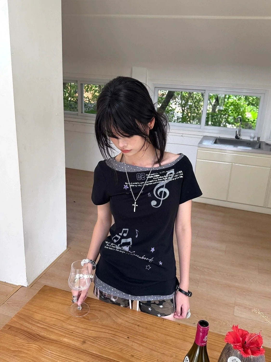 Music Purple Wave Fake Two-Piece Subculture Y2K E-girl Light Subculture American Retro Print Short Sleeve Top