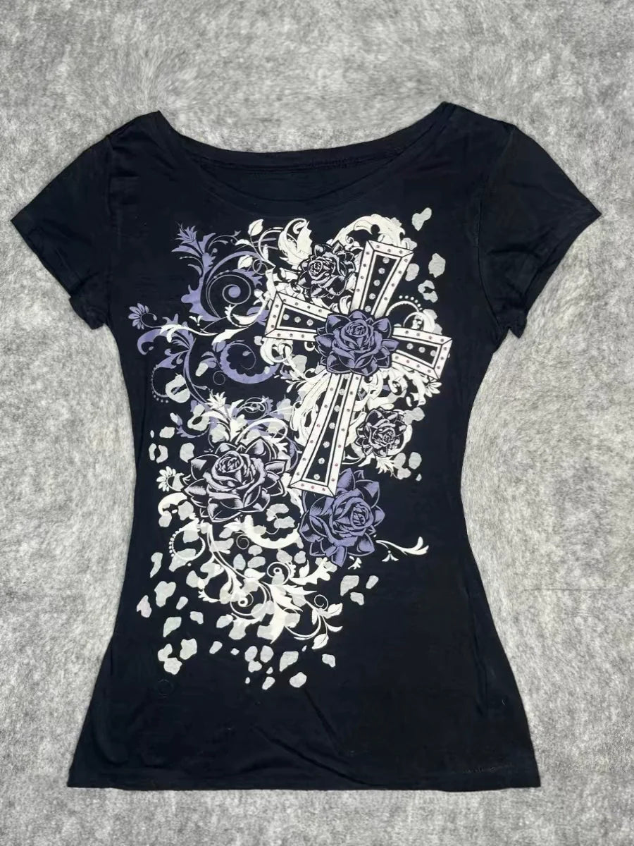 Black Original Gothic Rock Punk Vintage Print Y2K T-Shirt