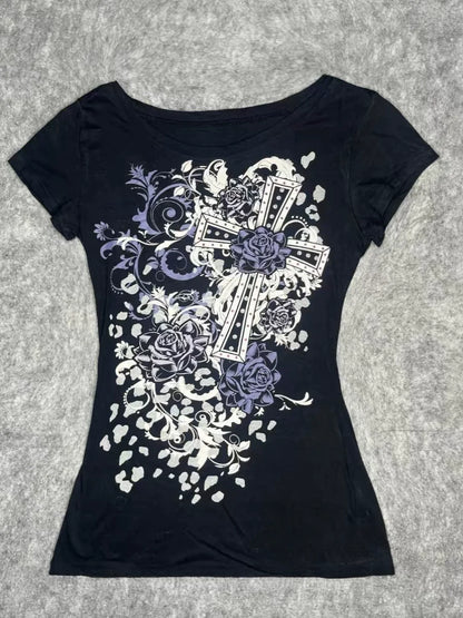 Black Original Gothic Rock Punk Vintage Print Y2K T-Shirt