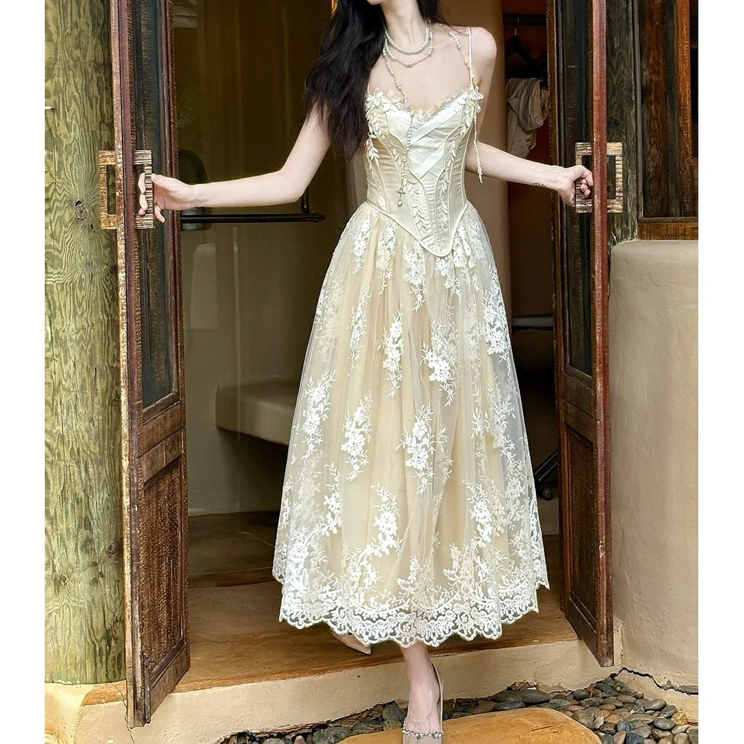 French Lace Embroidered Mesh Gown Dress