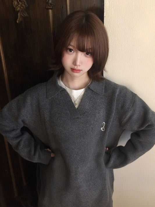 Korean Lazy V-Neck Embroidered Sweater Autumn-Winter Vintage Knit Pullover Loose Fit Top