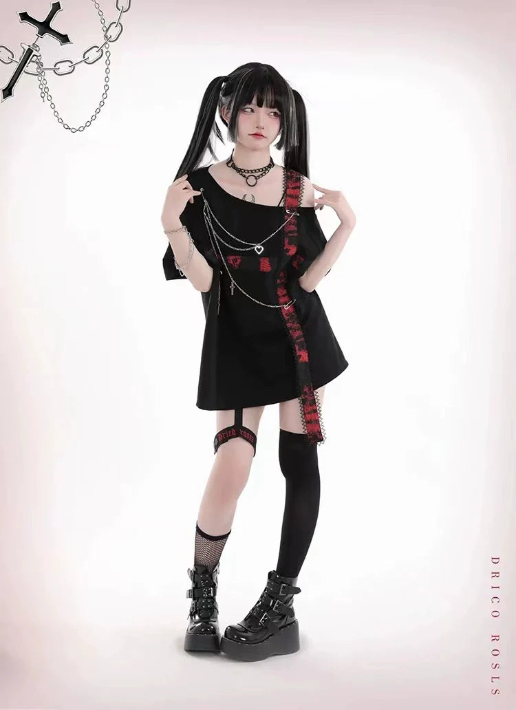 Black Subculture Punk Y2K E-girl Dark-Style Black & Red Cross Off-Shoulder Oversized Short Sleeve Top