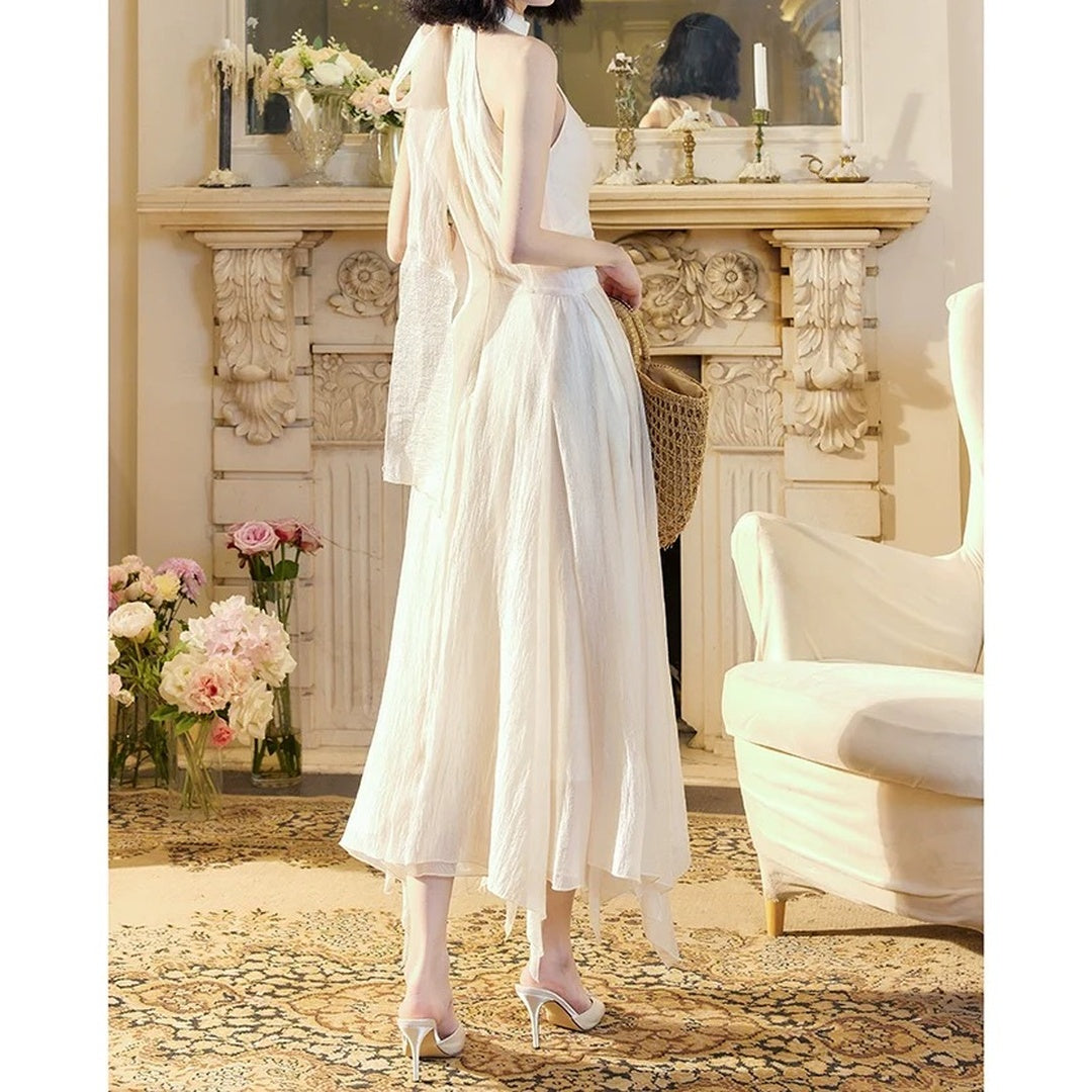 Milan Ruffle Halter Asymmetrical Beach Gown Dress