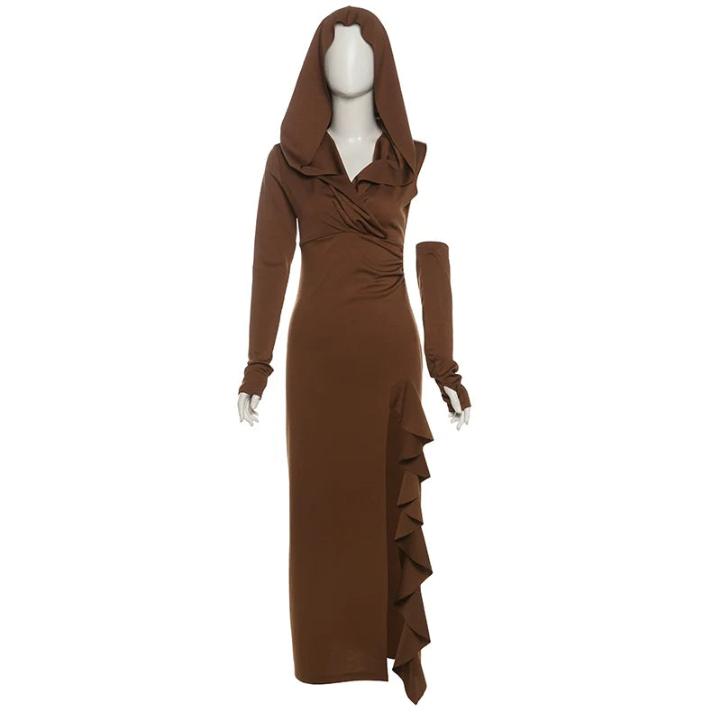 Early Autumn Maillard Wasteland Style Hooded Ruffled Slit Slimming Maxi Dress