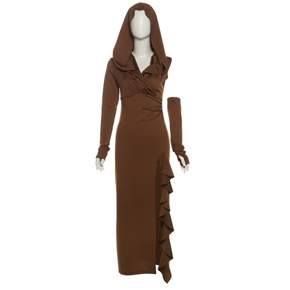 Early Autumn Maillard Wasteland Style Hooded Ruffled Slit Slimming Maxi Dress