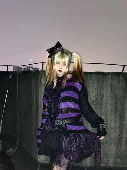 Black Purple Spider Web Y2K Punk Distressed Stripe Sweater