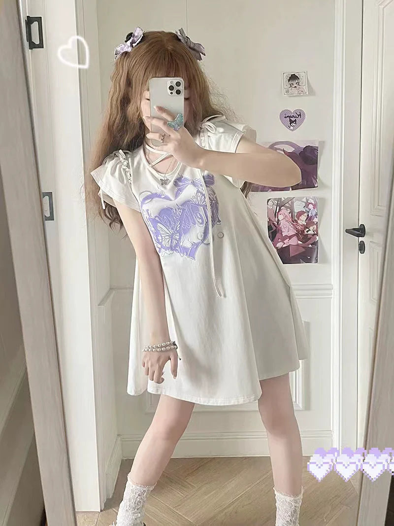 Black Subculture Y2K E-girl Ash Heart Bow Off-Shoulder Print T-shirt Dress