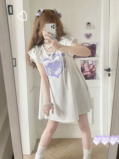 Black Subculture Y2K E-girl Ash Heart Bow Off-Shoulder Print T-shirt Dress