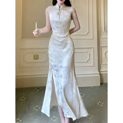 Chinese Satin Jacquard Modified Cheongsam Gown Dress