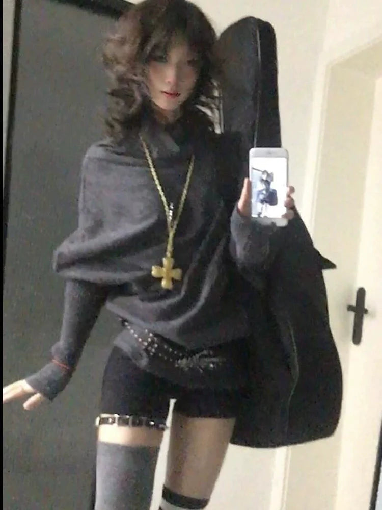 Gray Y2K Retro Asymmetrical High-Neck Bat-Sleeve Sweater