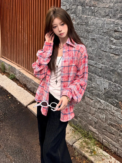 Retro Plaid Embroidered Shirt Apple Stitch Detail Overshirt