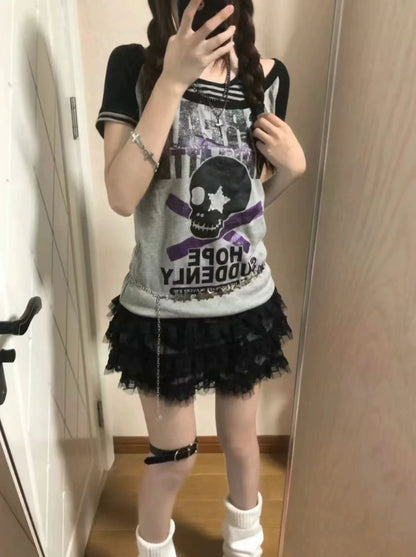 Gray Subculture Punk Y2K E-girl Shibuya Girl Fake Two-Piece Skull Hooded Short Sleeve Top