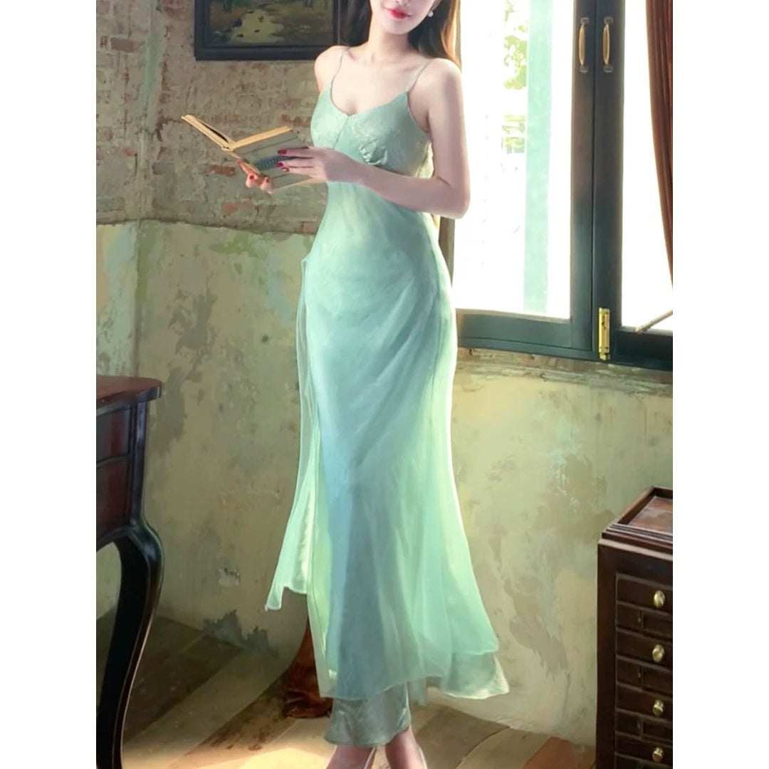 Ruffle Gold Long Sleeve Silk Gown Dress