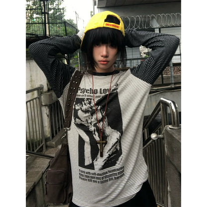 Punk Subculture Striped Long Sleeve Tee Vintage Layered Street Top