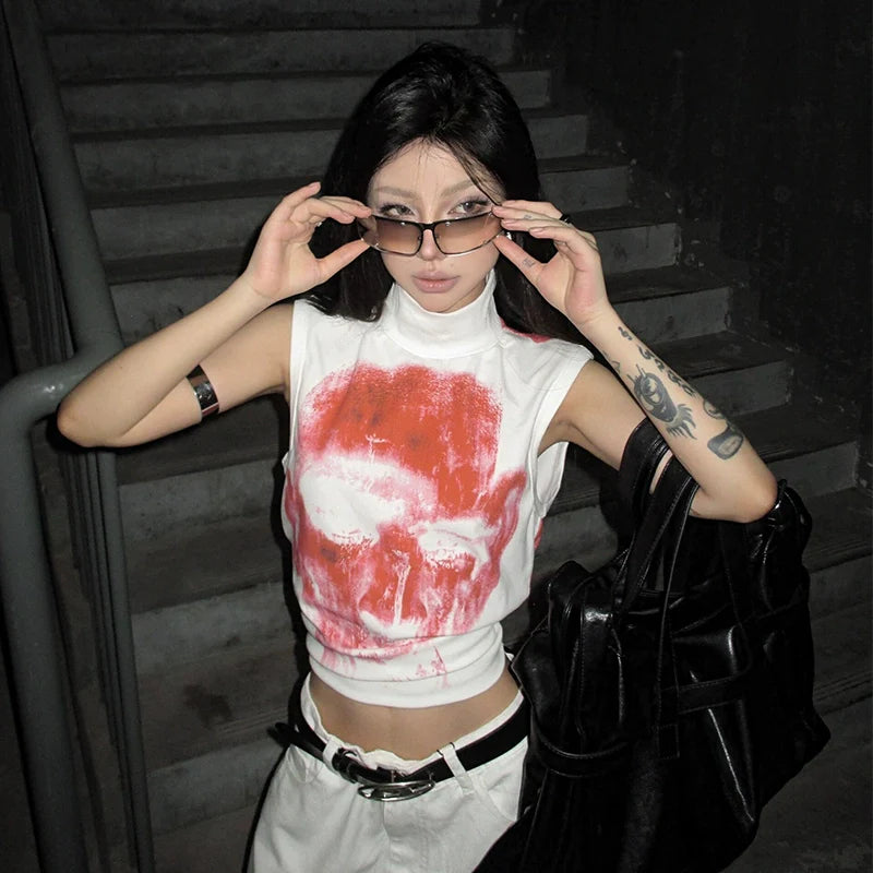 Punk Y2K White Skull Tank Top Sleeveless Cropped Subculture Tee