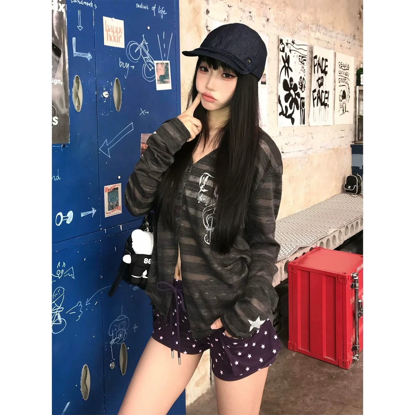 Y2K Light Subculture Striped Cardigan Musical Print Sun-Proof Top