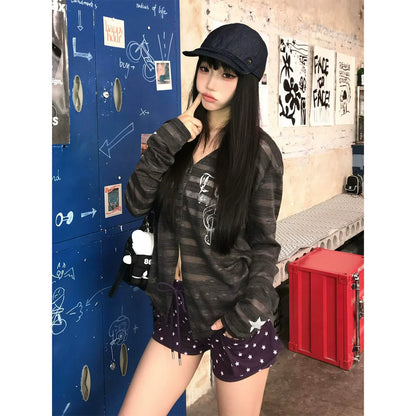 Y2K Light Subculture Striped Cardigan Musical Print Sun-Proof Top