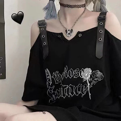 Black Misty Butterfly Print Off-The-Shoulder Mid-Length Oversized Y2K T-Shirt