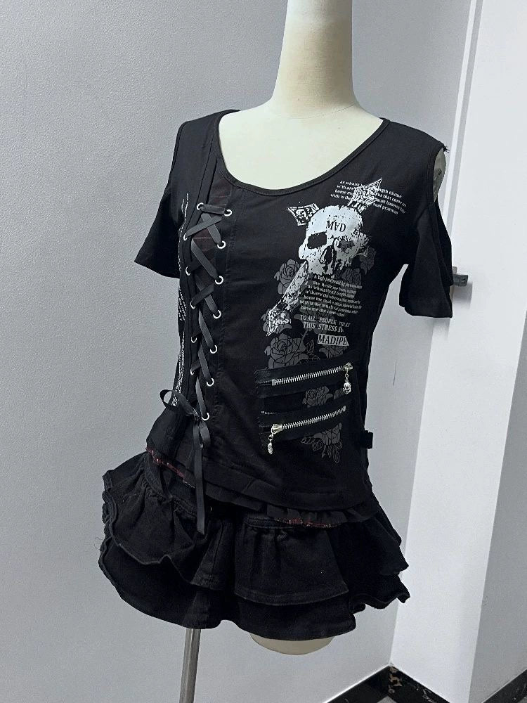 Black Skull Tie Subculture Punk Y2K E-girl Shibuya Girl Abi American Retro Print Light Subculture Short Sleeve Top