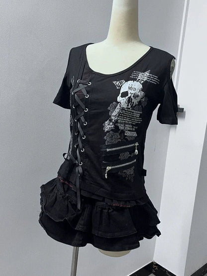 Black Skull Tie Subculture Punk Y2K E-girl Shibuya Girl Abi American Retro Print Light Subculture Short Sleeve Top