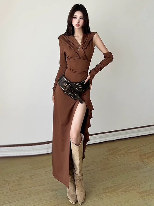 Early Autumn Maillard Wasteland Style Hooded Ruffled Slit Slimming Maxi Dress