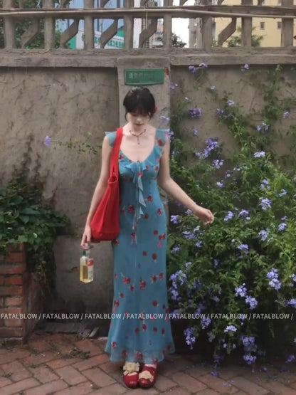 French Blue Floral Camisole Bodycon Waist-Cinched Maxi Dress