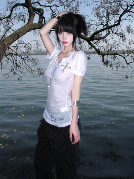 Retro White V Neck Cross Print Short Sleeve Top