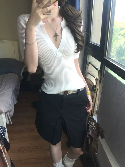 Old Money Deep V Knit Top Elegant Short Sleeve Slim Fit T-Shirt