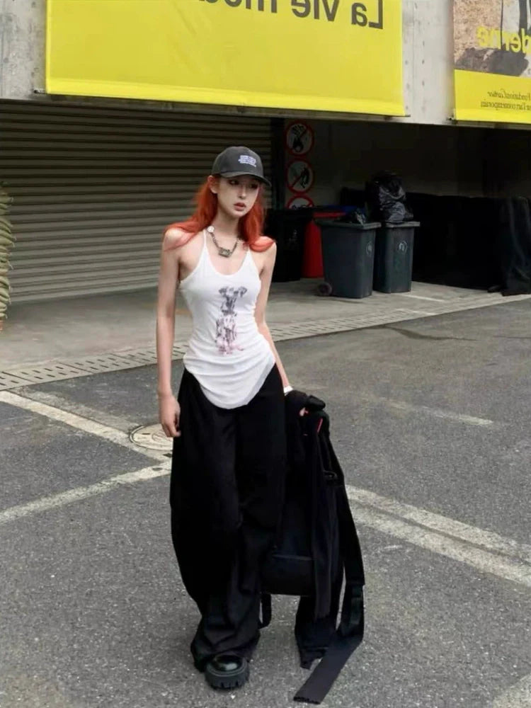 White Mesh Fake Two-Piece Dog Print Y2K Tank Top