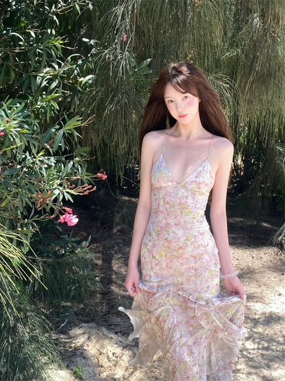 Beach Vacation Intricate Print Backless Mermaid Slip Dress