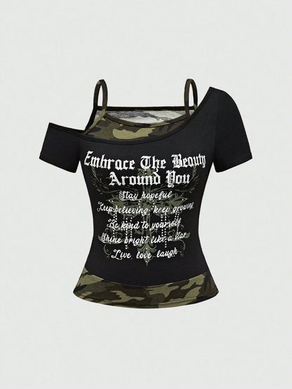 Black Camo Subculture Y2K E-girl American Retro Fake Two-Piece Short Sleeve Top