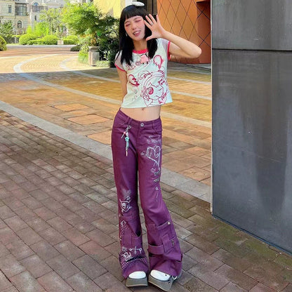 Tietie Girl (贴贴女孩) Subculture Y2K E-girl Retro Color-Block Cartoon Print Slim Short Top