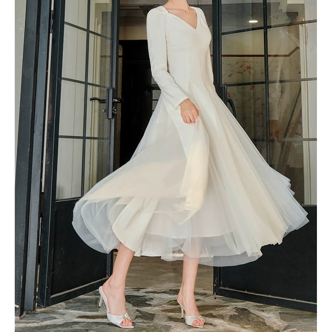 French Tulle Knit White Princess Gown Dress