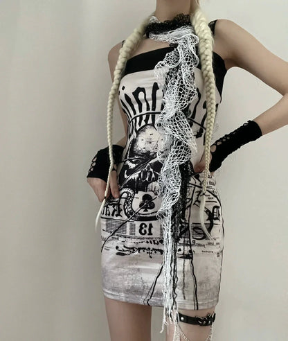 Skull Camisole Dress Subculture Punk Y2K E-girl Shibuya Gothic Slim Bodycon Dress