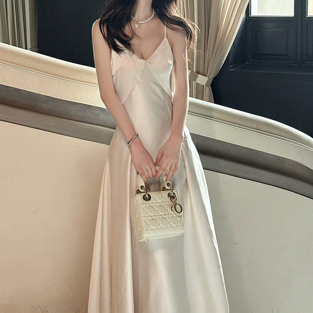 French Satin Spaghetti Strap Engagement Birthday Gown Dress