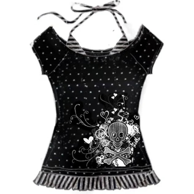 Skull & Flower Fake Two-Piece Subculture Y2K E-girl Shibuya Girl Abi American Retro One-Shoulder Short Sleeve Top