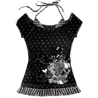 Skull & Flower Fake Two-Piece Subculture Y2K E-girl Shibuya Girl Abi American Retro One-Shoulder Short Sleeve Top