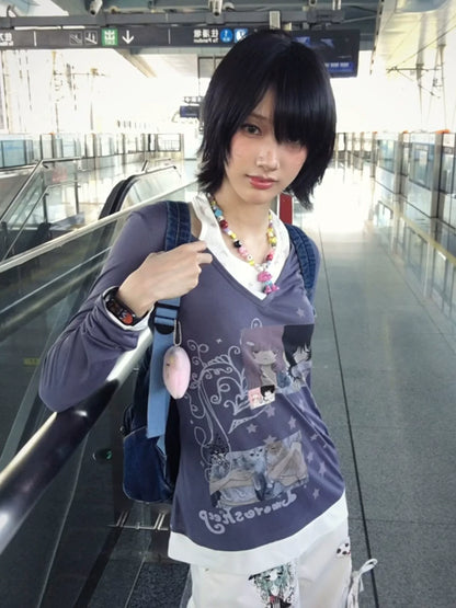 Cute Y2K Layered Long Sleeve Tee Cat Girl Print