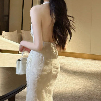 French Spaghetti Strap Draped Back Gown Dress