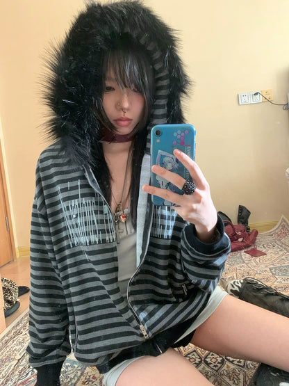 Y2K Faux Fur Collar Stripe Hoodie for Autumn Winter