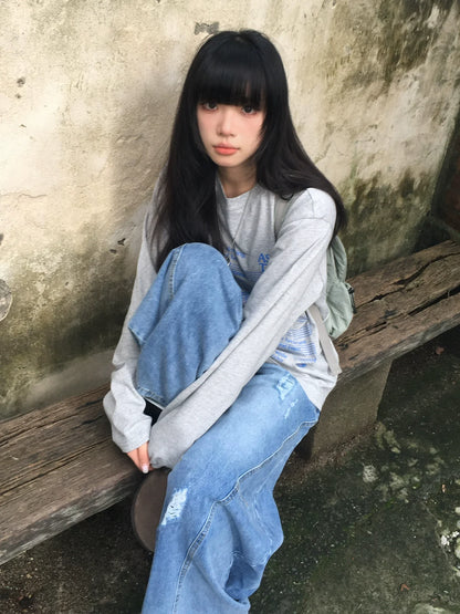 Vintage Gray Music Print Long Sleeve Top for Autumn Winter