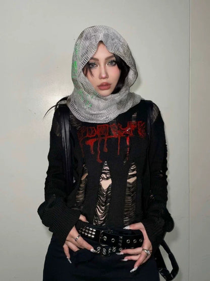 Black Subculture Gothic Rock Punk Y2K E-girl Abi Distressed Knit Long-Sleeve Top