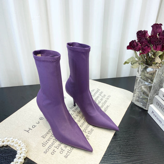 European Sexy High Heel Slim Boots Spring Autumn Colorful Mid Calf Sock Boots Pointed Toe Thin Heel Stretchy Boots Women