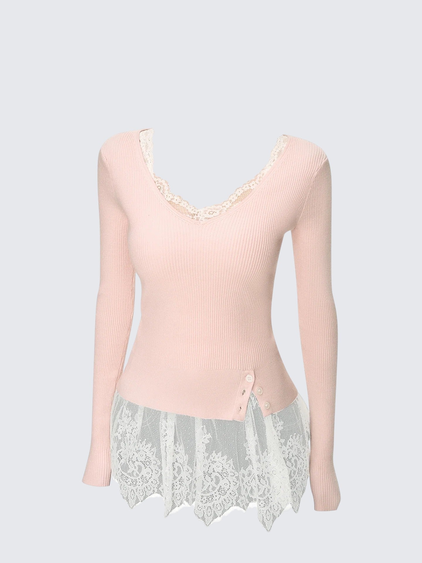 Pink V Neck Lace Knit Top