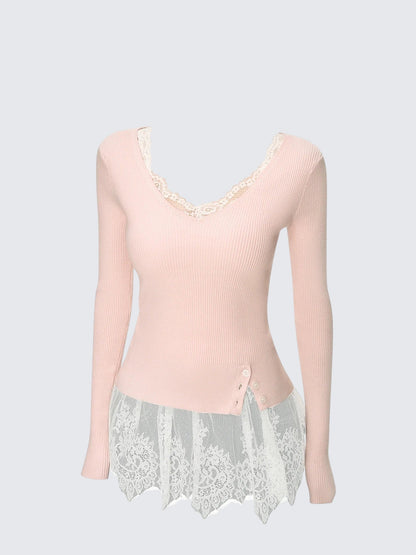 Pink V Neck Lace Knit Top