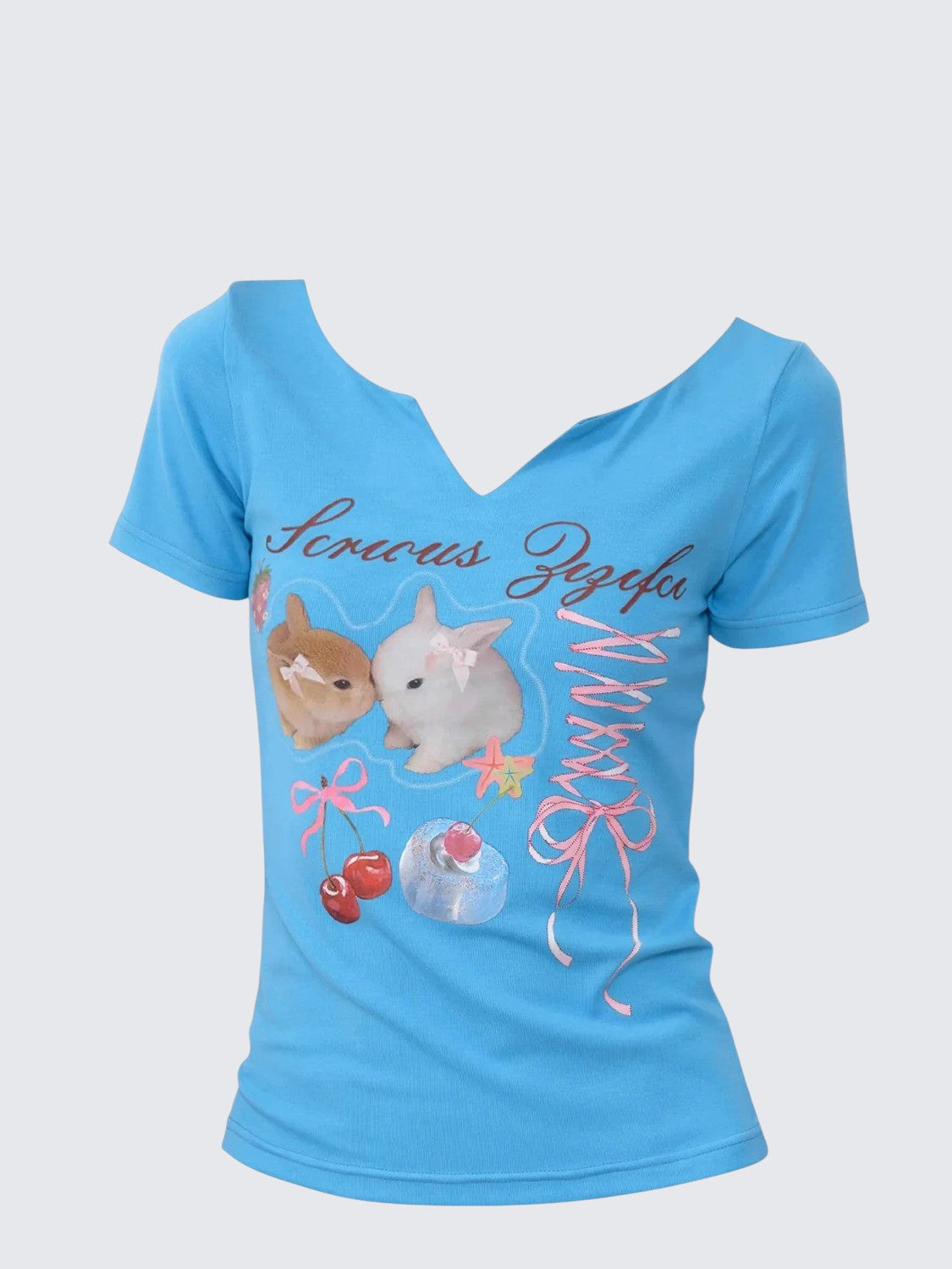 Vintage V Neck Rabbit Print Tee