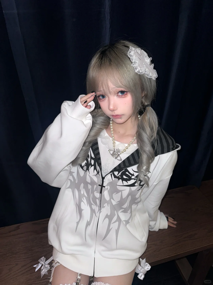 Fierce Tattoo Hoodie Coat [Fleece-Lined] Subculture Gothic Rock Punk Dark Y2K E-girl Hooded Sweatshirt Jacket