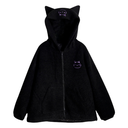 Black Y2K Japanese Anime Cat-Ear Hooded Faux Lamb Puffer Jacket