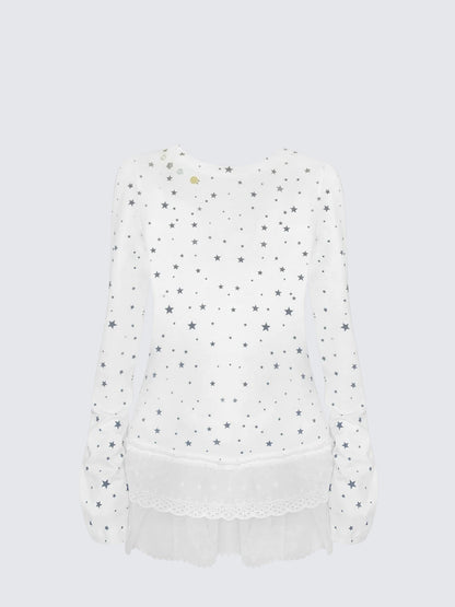 Star Print Lace Hem Long Sleeve Tee Women