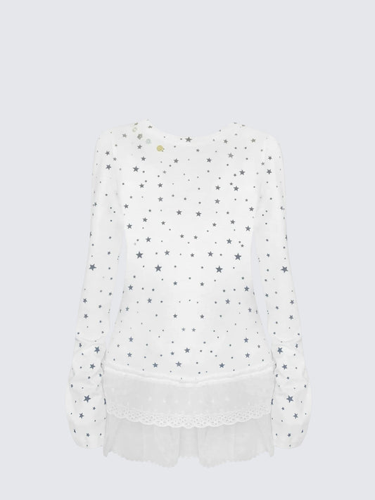 Star Print Lace Hem Long Sleeve Tee Women